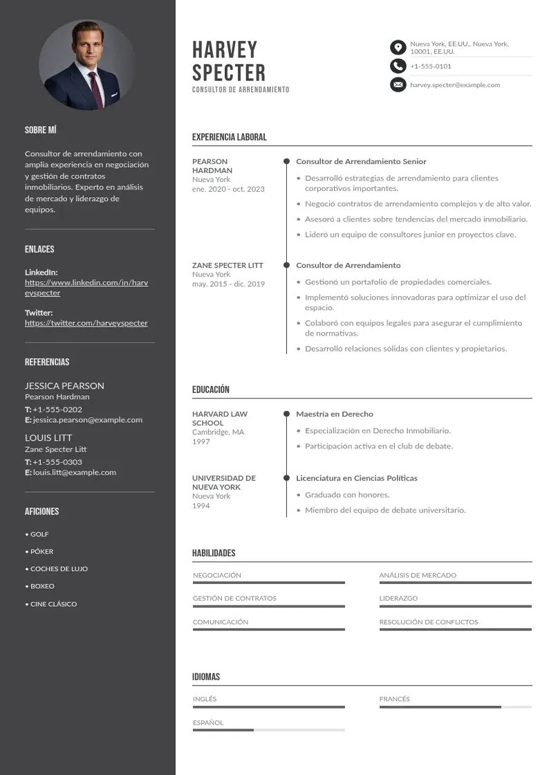 two column cv-consultor-de-arrendamiento resume example