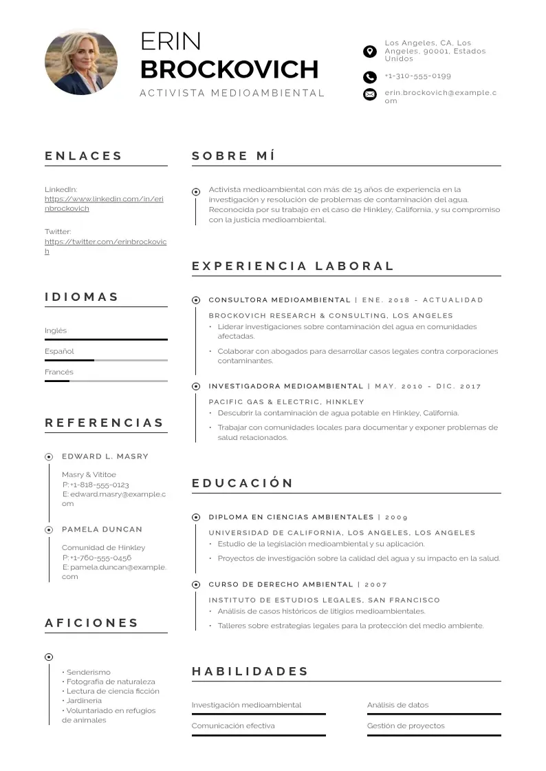 two column activista-medioambiental resume example