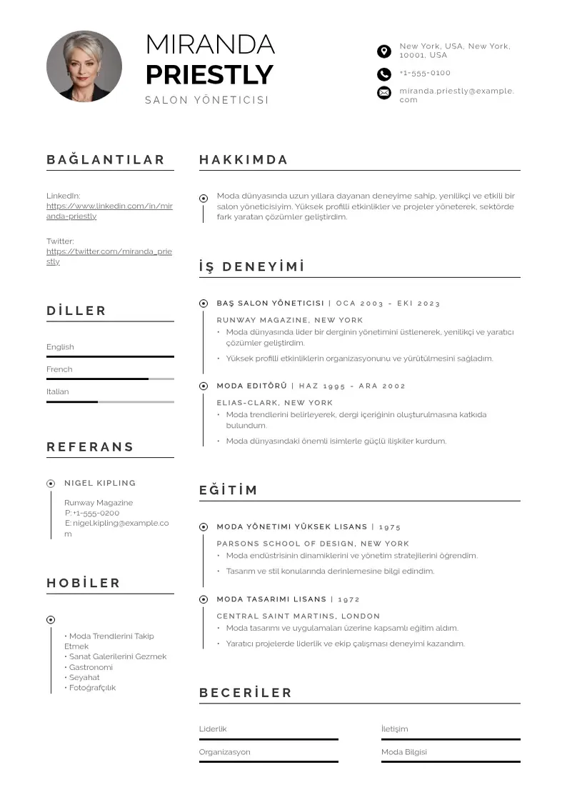 Profesionāla Salon Yöneticisi  CV veidne