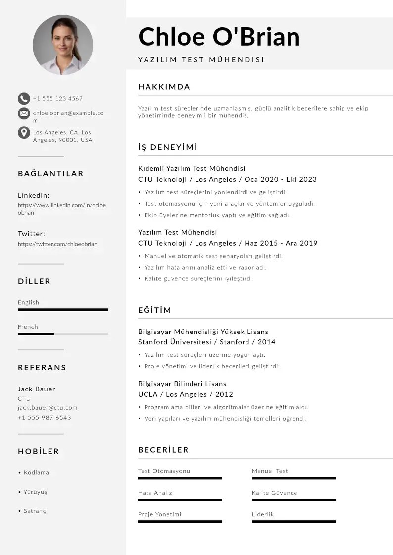 Mūsdienīga Yazılım Test Mühendisi  CV veidne