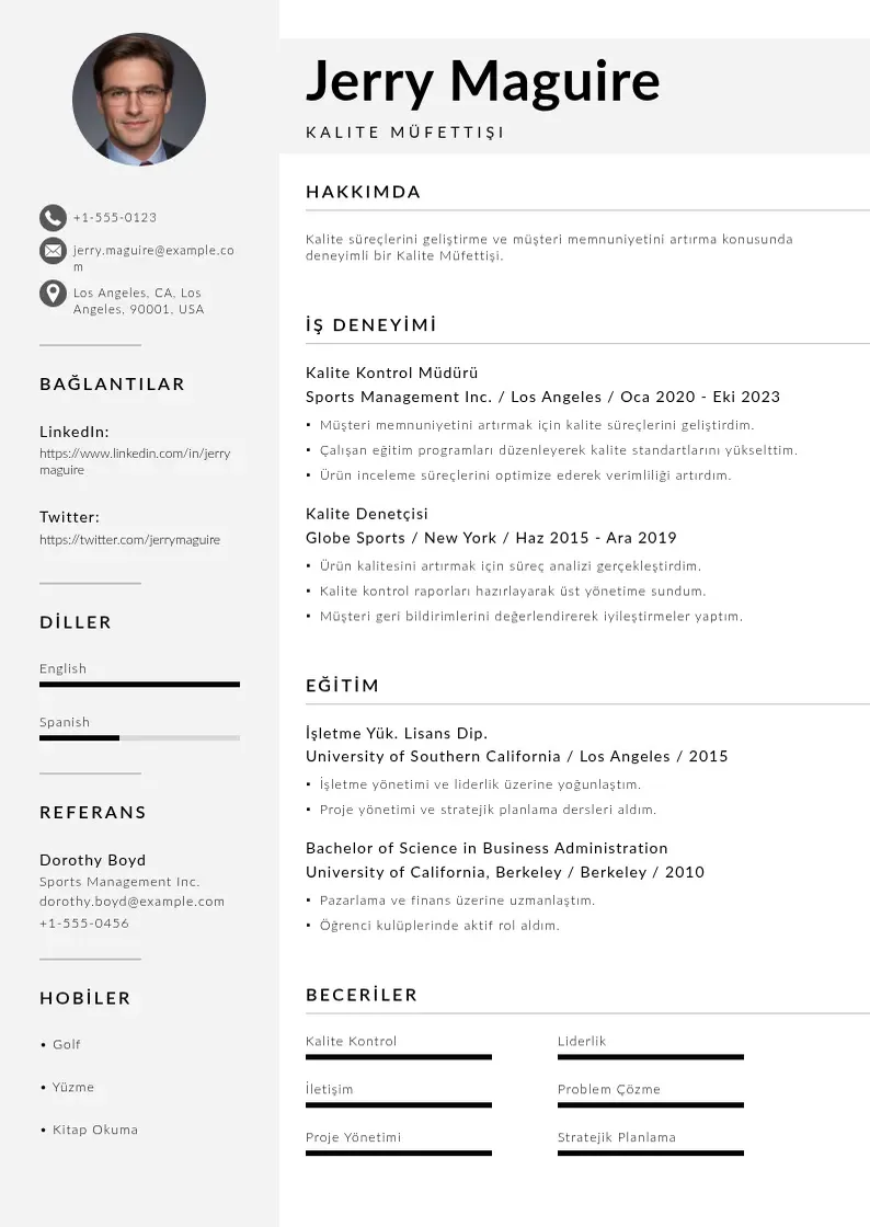 Mūsdienīga Kalite Müfettişi  CV veidne