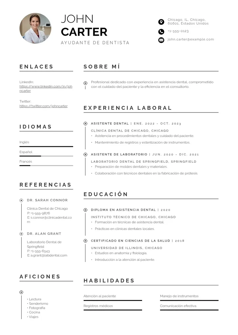 two column cv-ayudante-de-dentista resume example