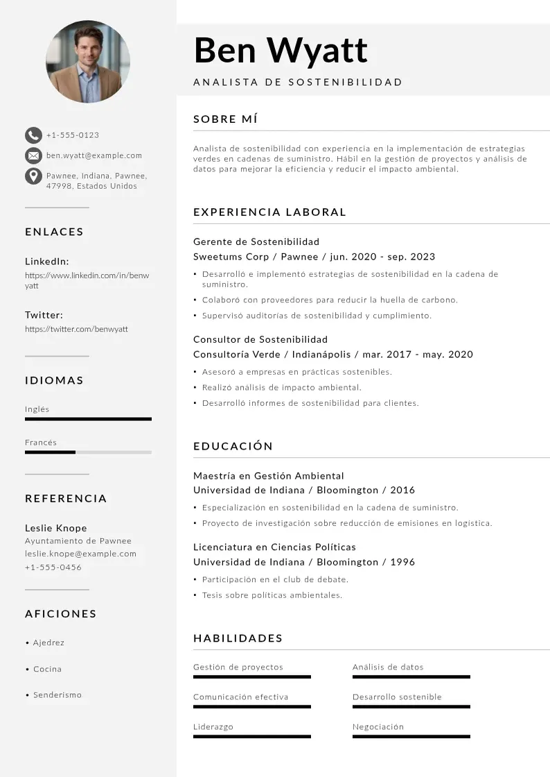 two column analista-de-sostenibilidad-en-la-cadena-de-suministro resume example