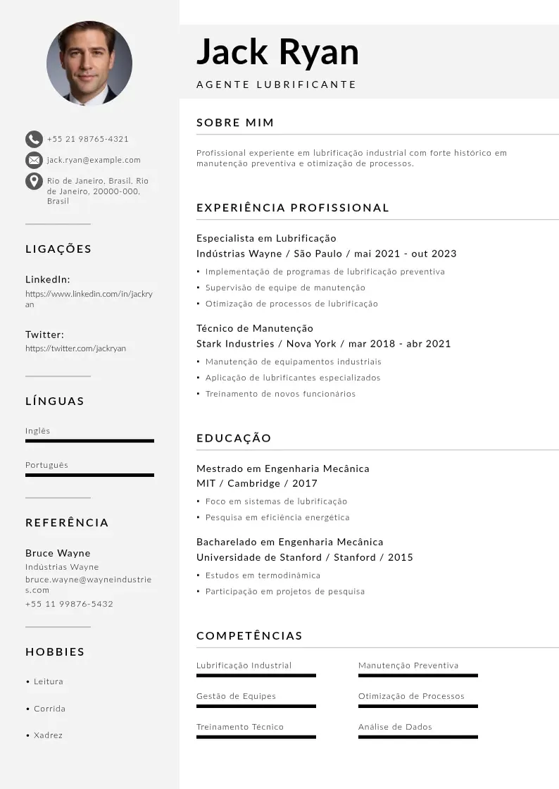 Modelo de currículo moderno de agente lubrificante