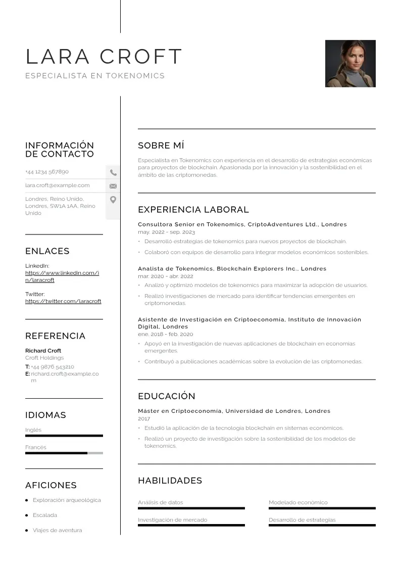two column especialista-en-tokenomics resume example