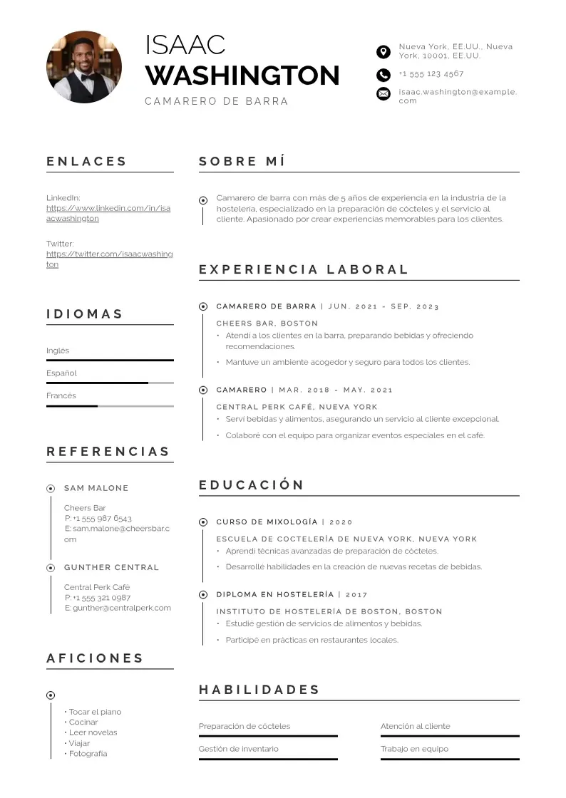 two column camarero-de-barra resume example