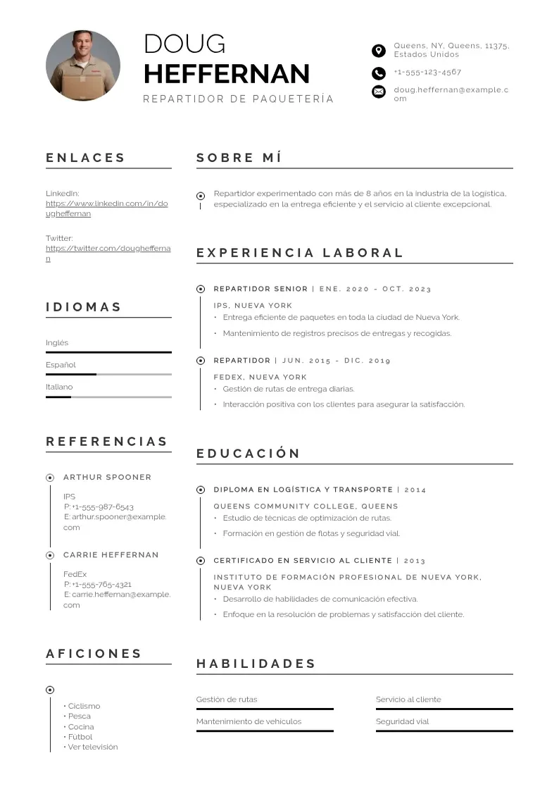 two column curriculum-de-repartidor-de-paqueteria resume example