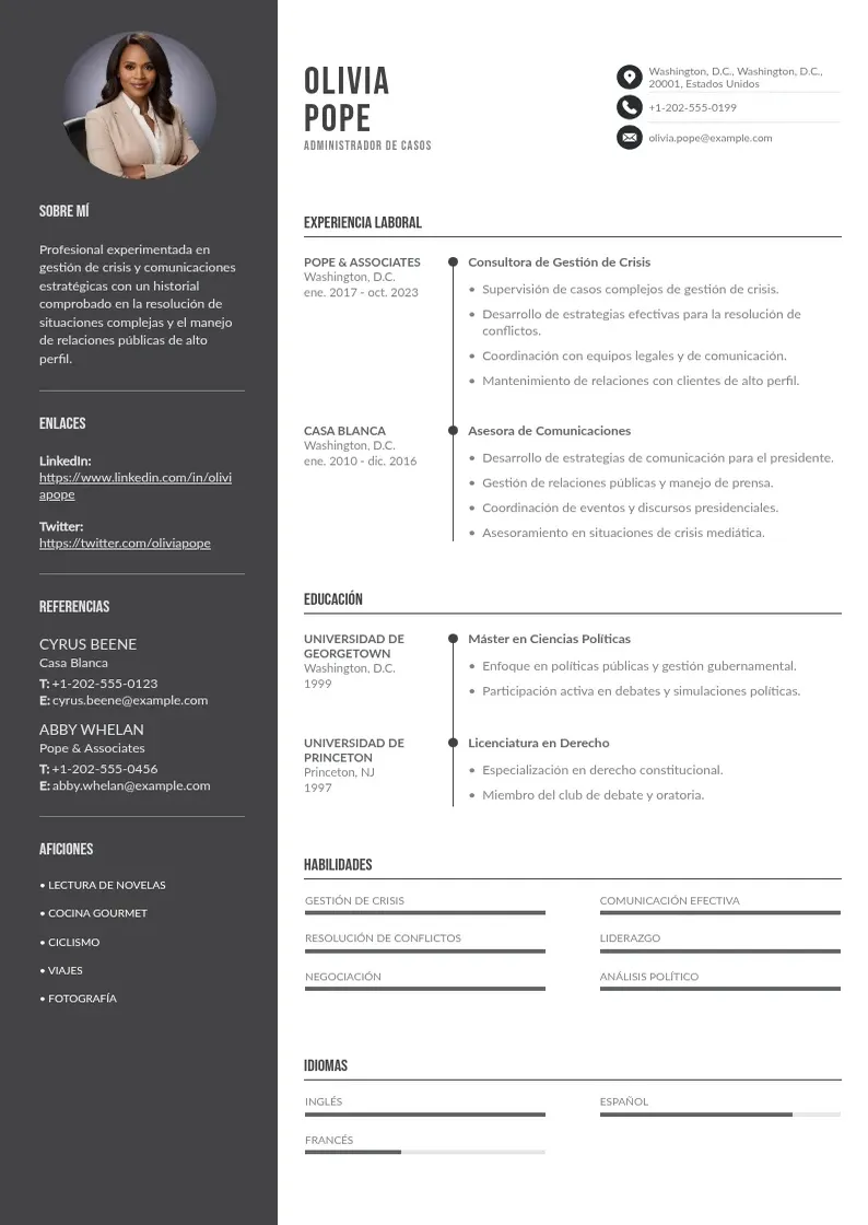 two column cv-administrador-de-casos resume example