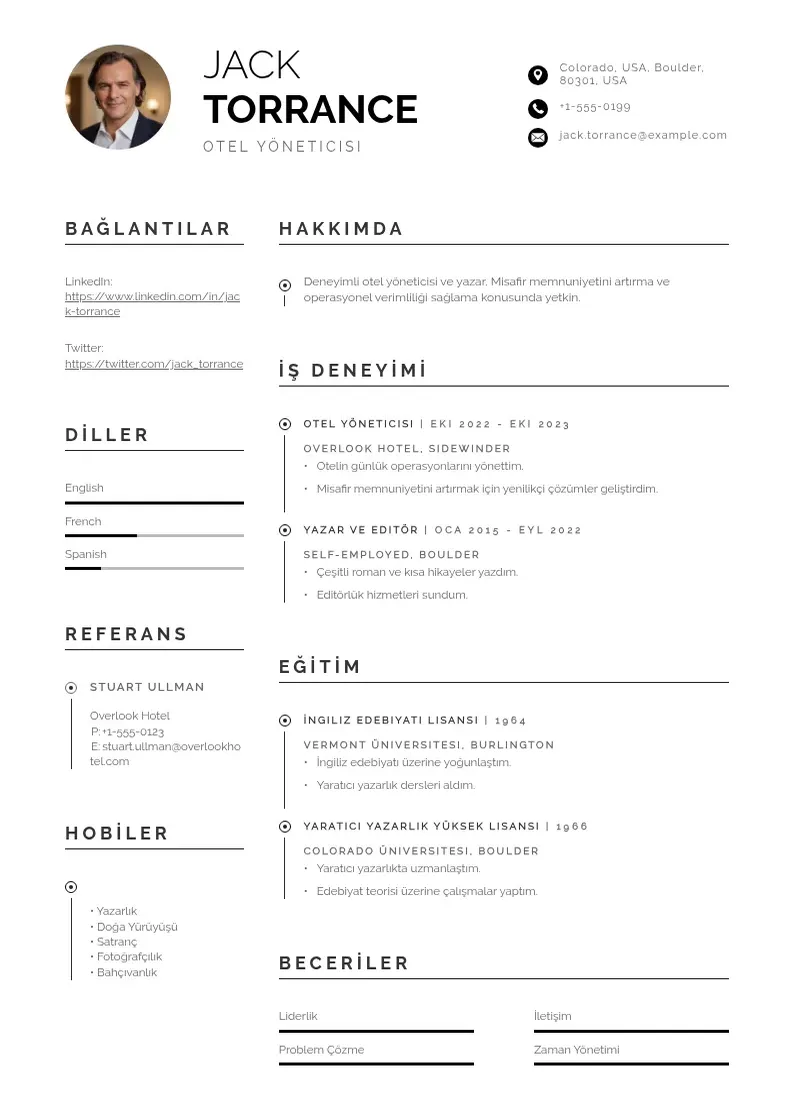 Profesionāla Otel yöneticisi  CV veidne