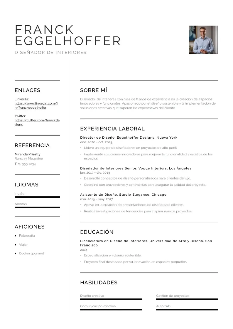 two column cv-disenador-de-interiores resume example