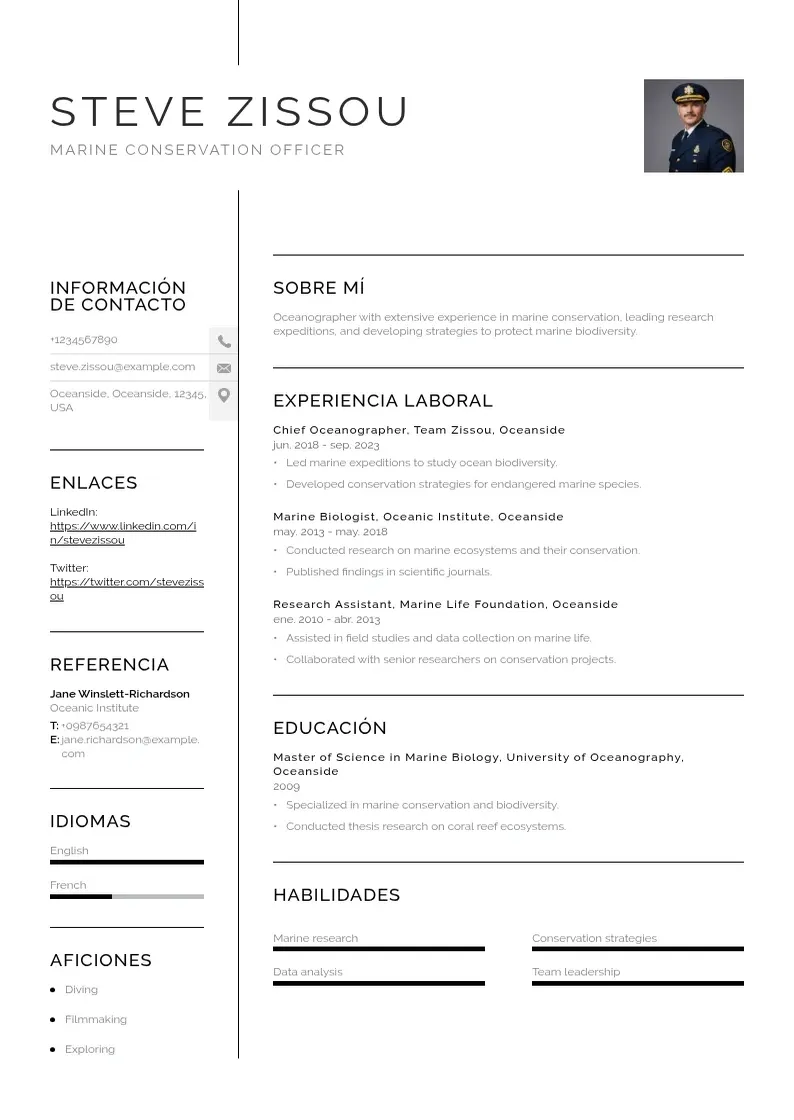 two column oficial-de-conservacion-marina resume example