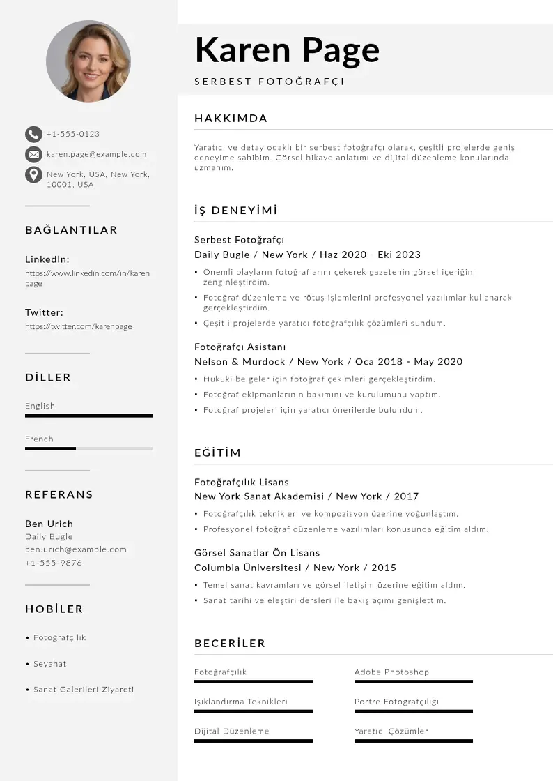 Mūsdienīga Serbest fotoğrafçı  CV veidne