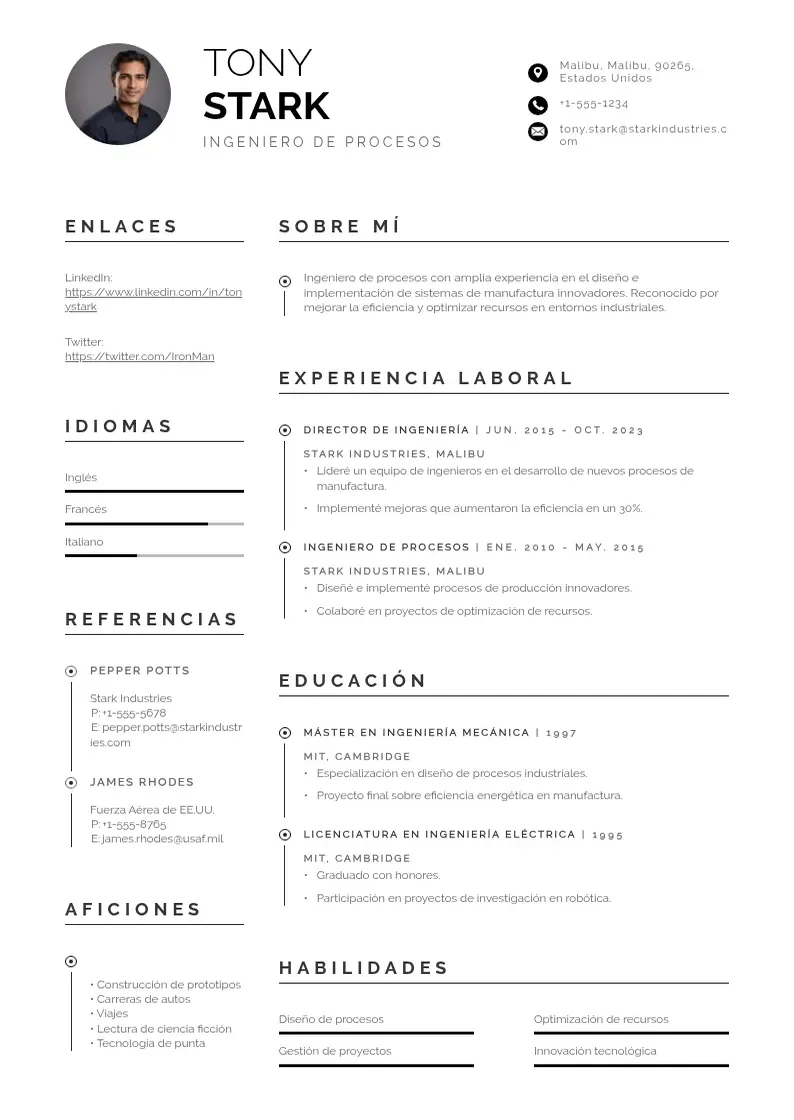 two column cv-ingeniero-de-procesos resume example
