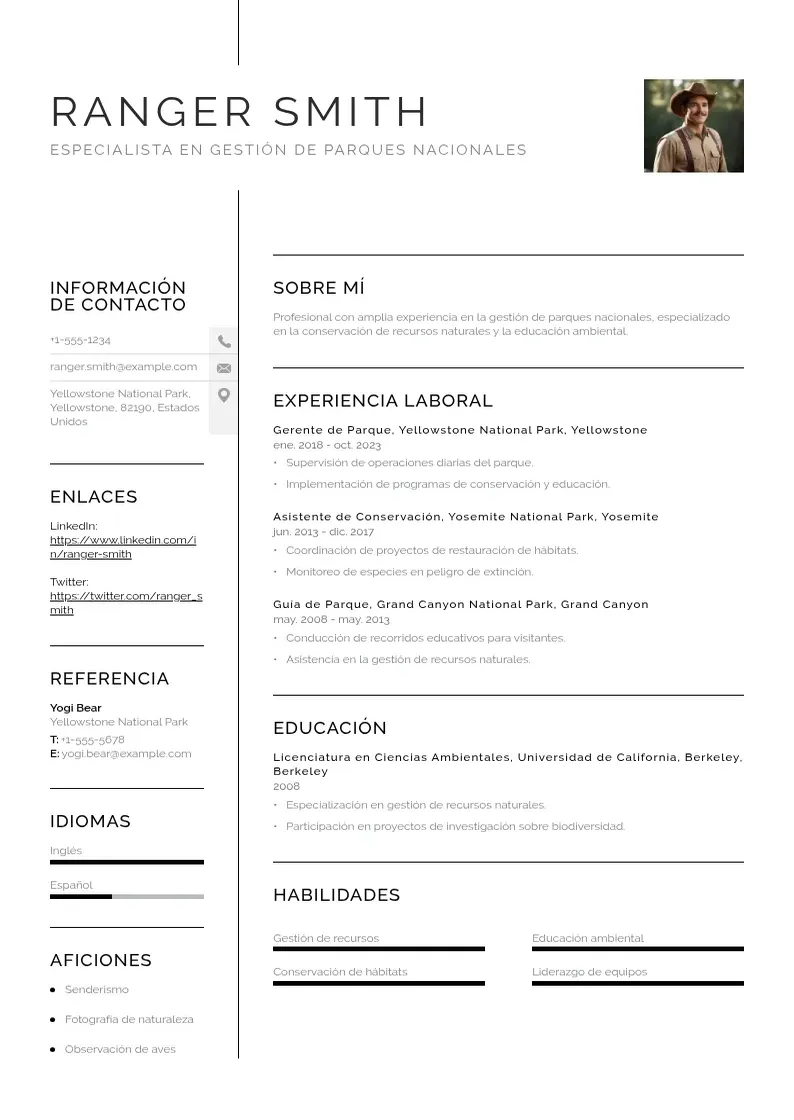 two column especialista-en-gestion-de-parques-nacionales resume example