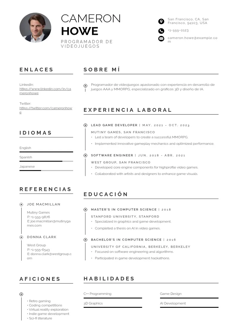 two column programador-de-videojuegos resume example