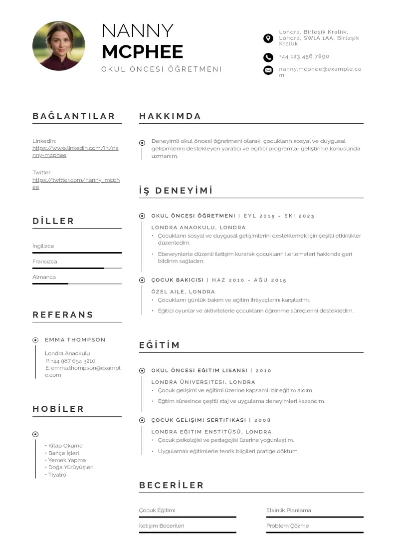 Profesionāla Okul öncesi öğretmeni  CV veidne