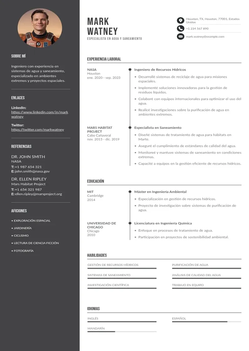 two column especialista-en-agua-y-saneamiento resume example