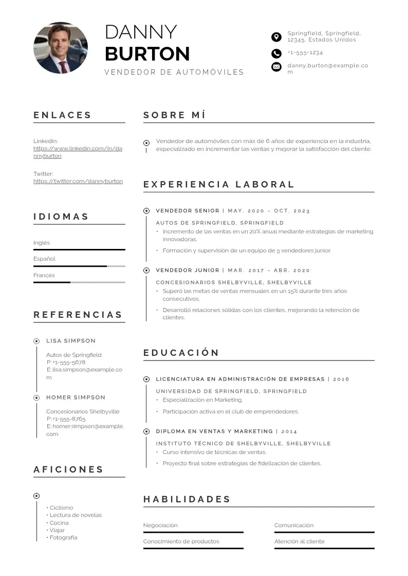 two column cv-vendedor-de-automoviles resume example