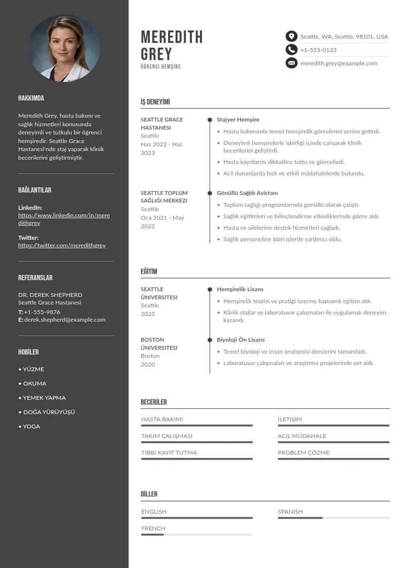 Divu kolonnu Ogrenci hemsire ozgecmis CV piemērs