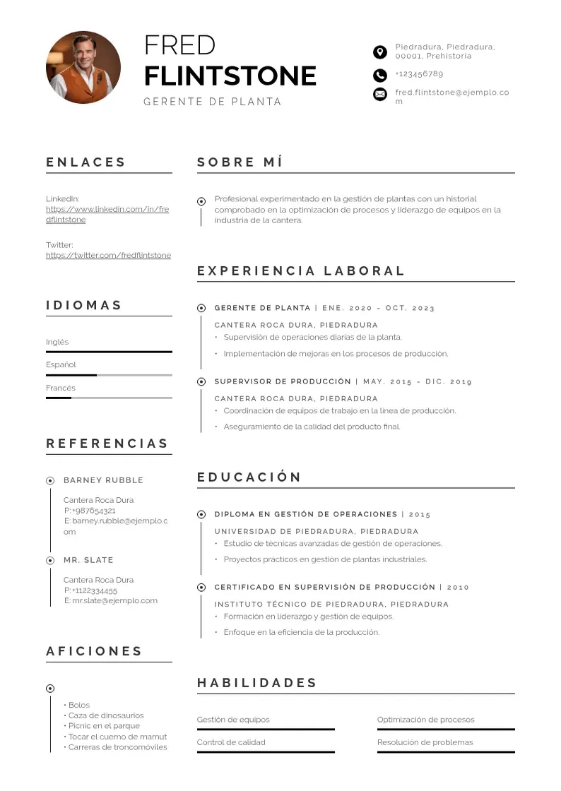 two column gerente-de-la-planta resume example
