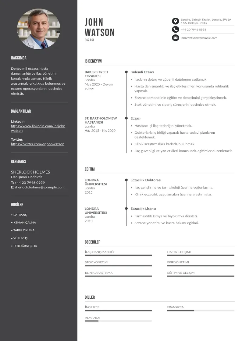 Divu kolonnu Eczaci CV piemērs