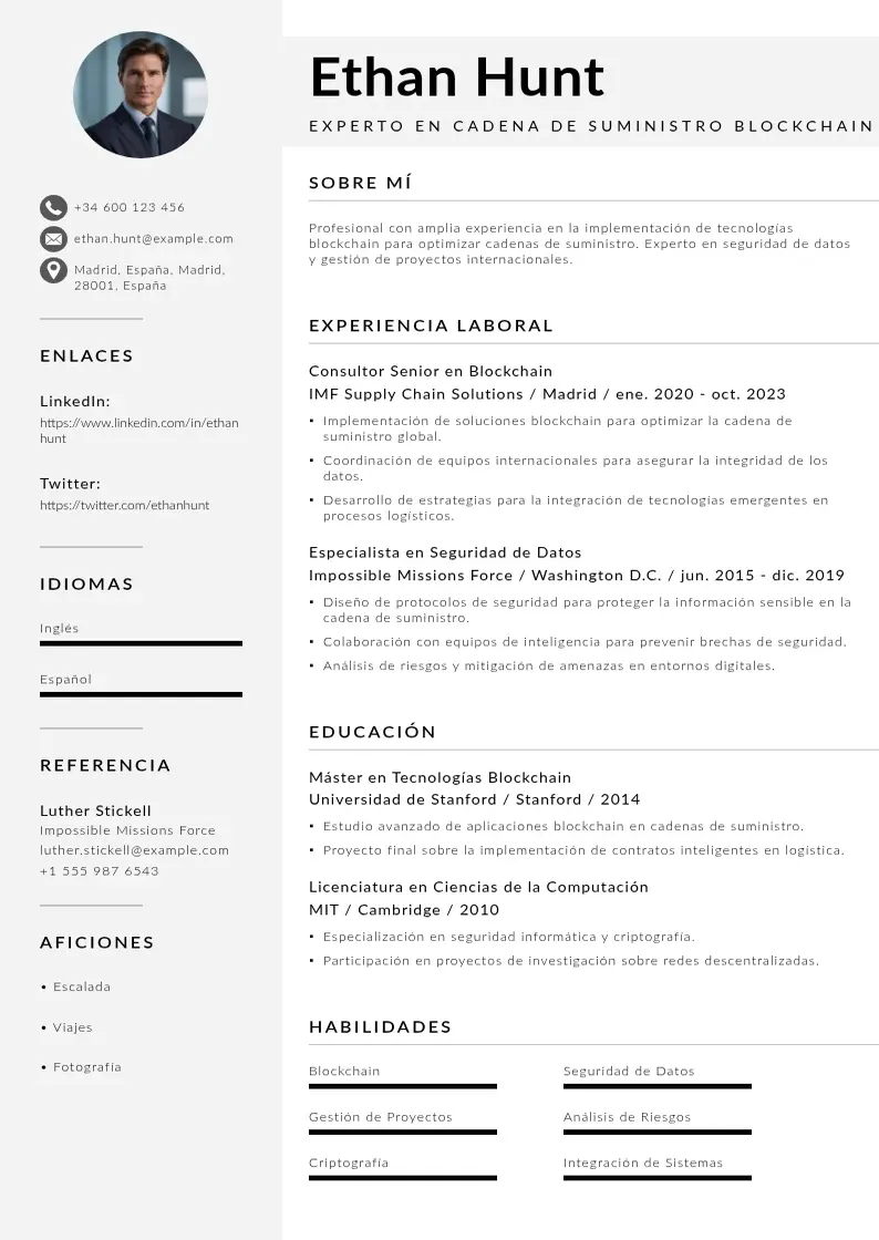 two column experto-en-cadena-de-suministro-blockchain resume example