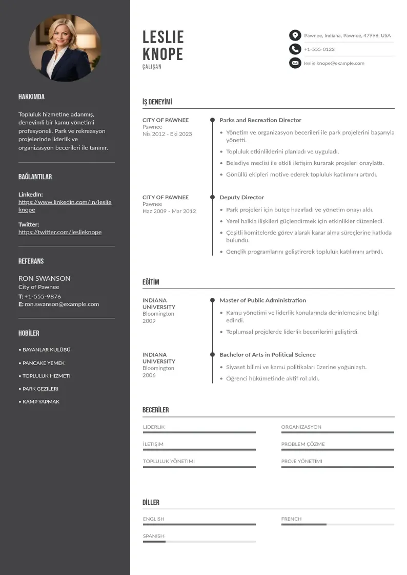 Divu kolonnu Çalışan  CV piemērs