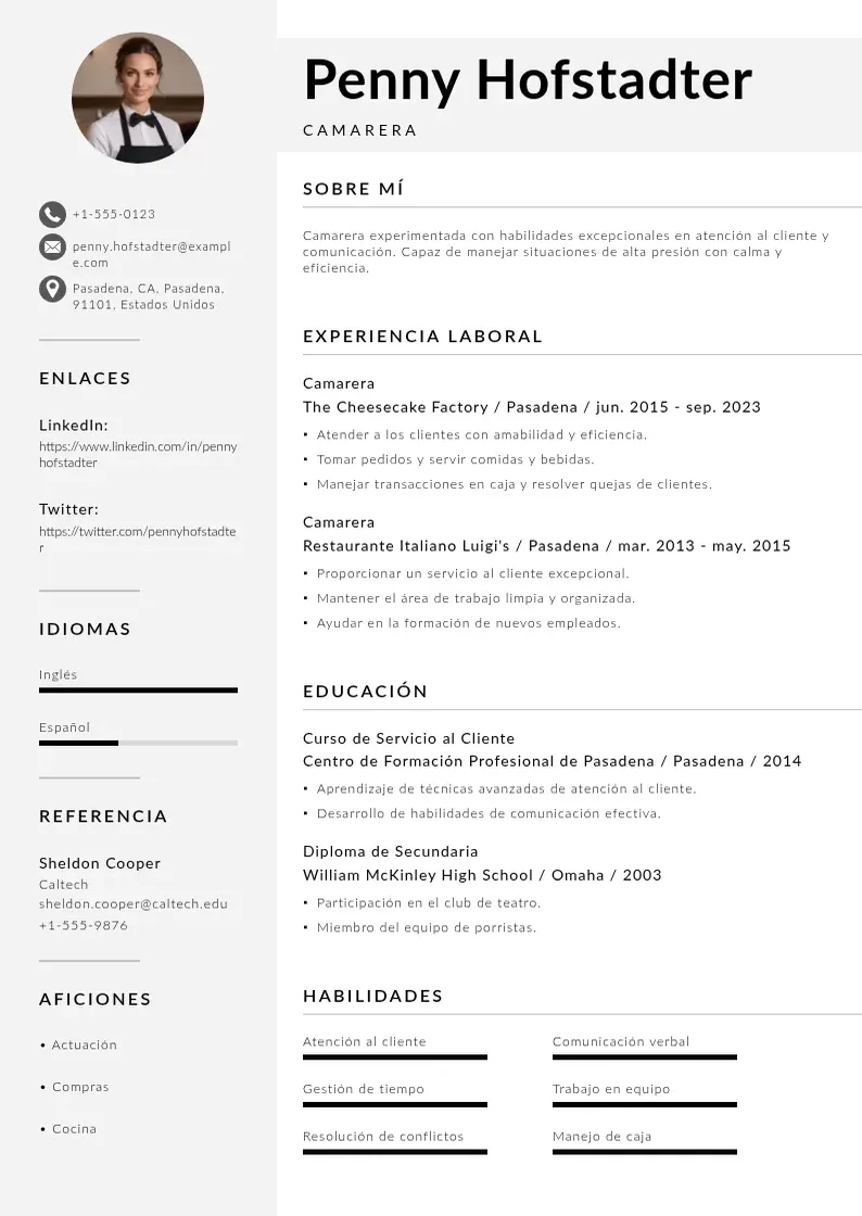 two column cv-camarero-dependiente resume example