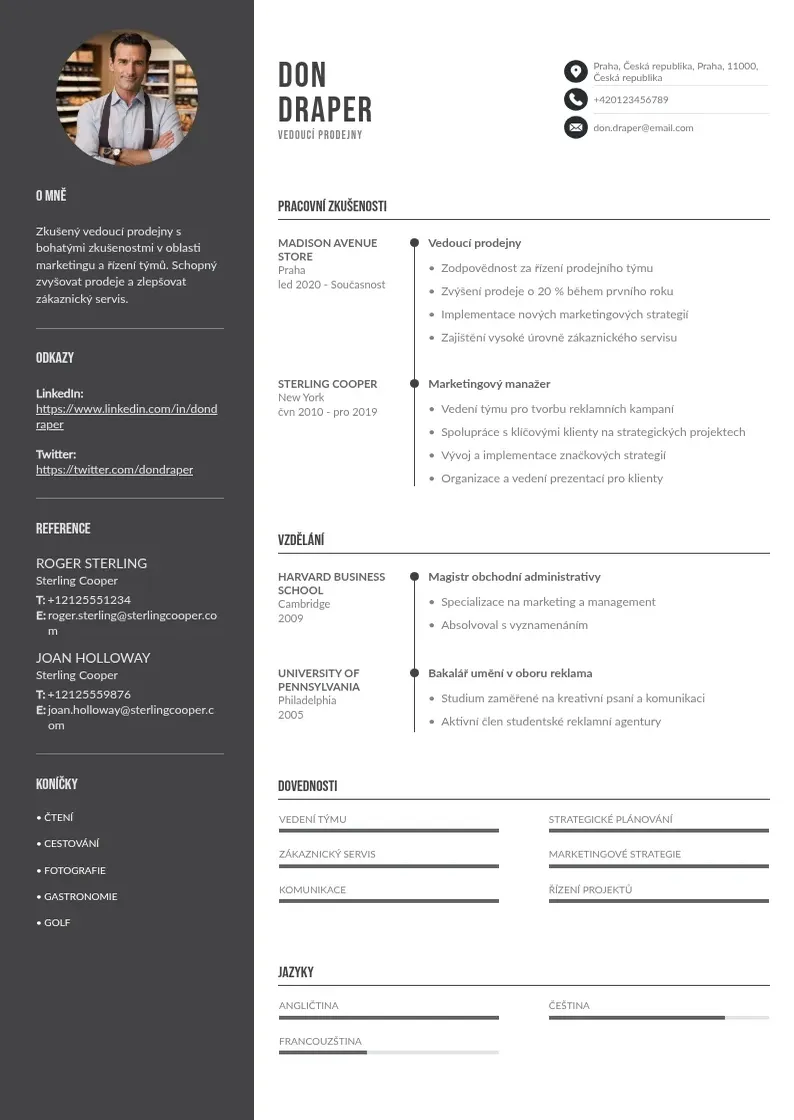 Divu kolonnu Zivotopis vedouciho prodejny CV piemērs