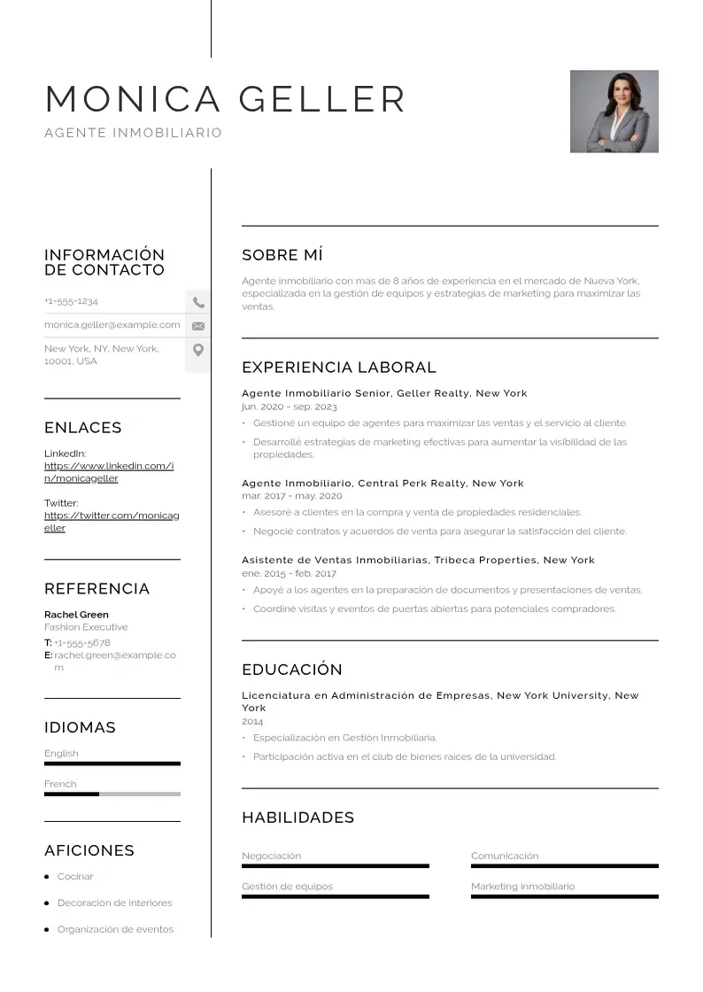 two column agente-inmobiliario resume example