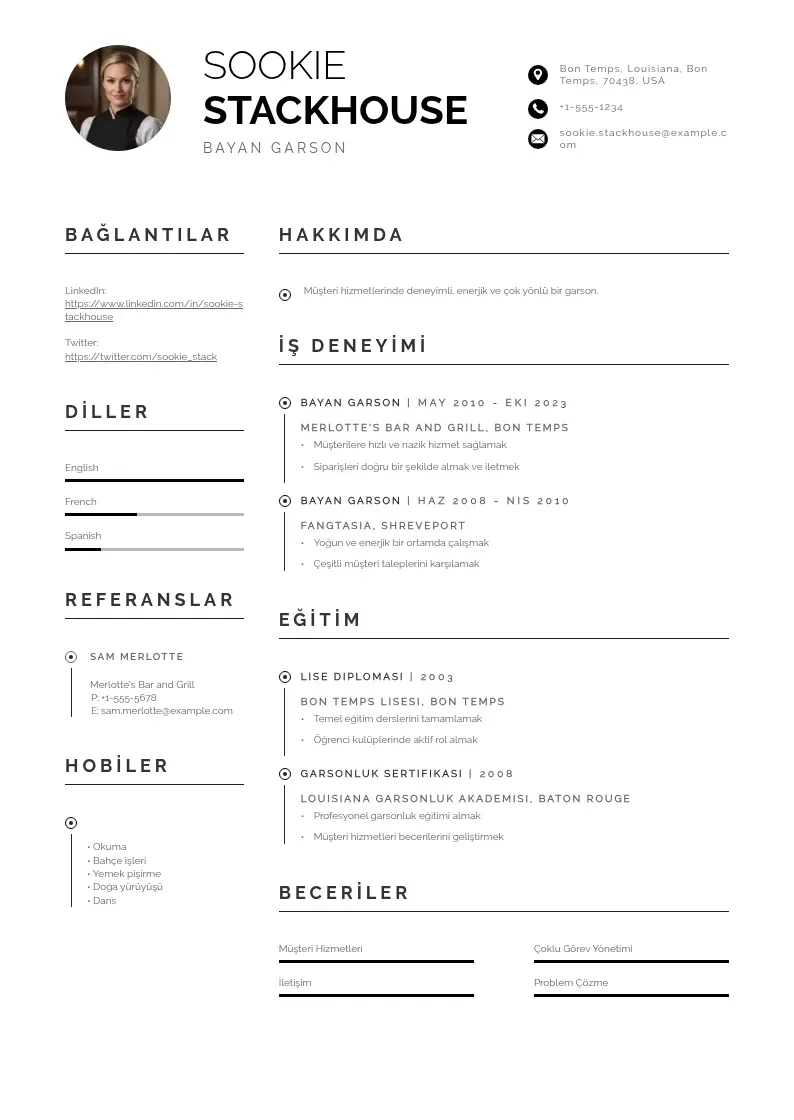 Profesionāla Bayan garson ozgecmis CV veidne