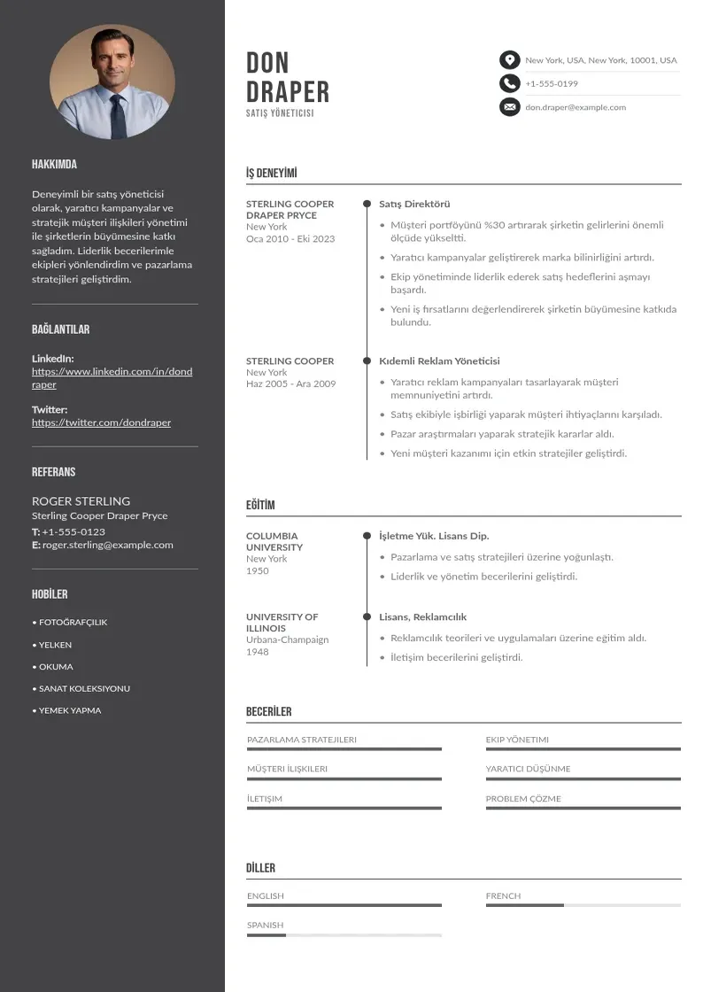 Divu kolonnu Satış Yöneticisi  CV piemērs