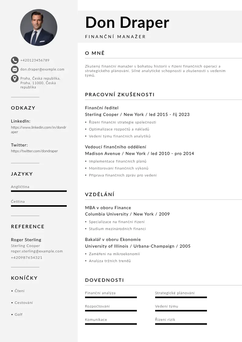 Mūsdienīga Financni manazer zivotopis CV veidne