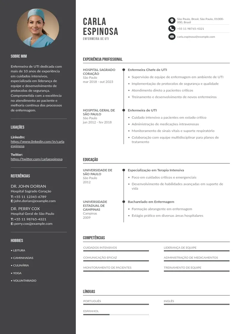 Exemplo de currículo de De enfermeira de uti em duas colunas