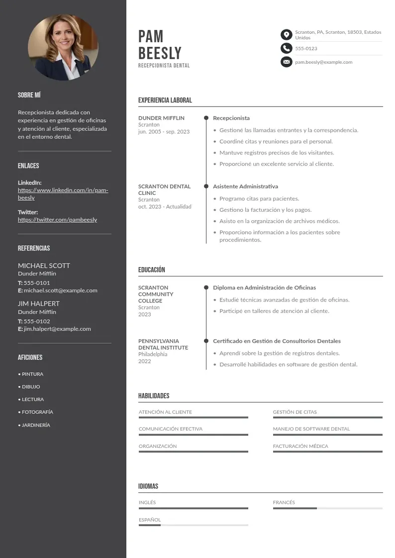 two column cv-recepcionista-dental resume example
