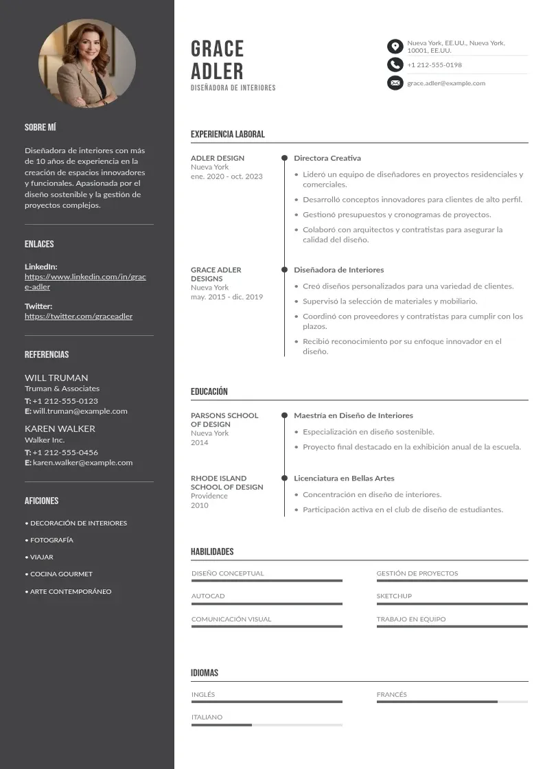 two column disenador-de-interiores resume example