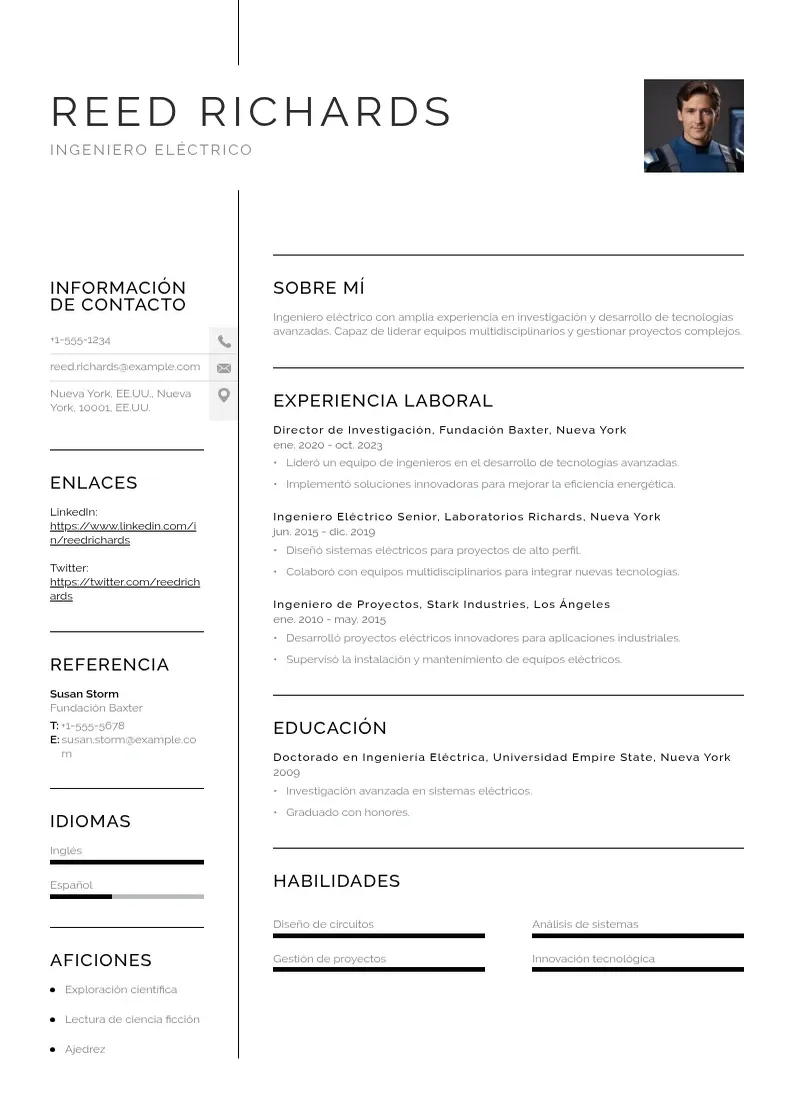 two column cv-ingeniero-electrico resume example