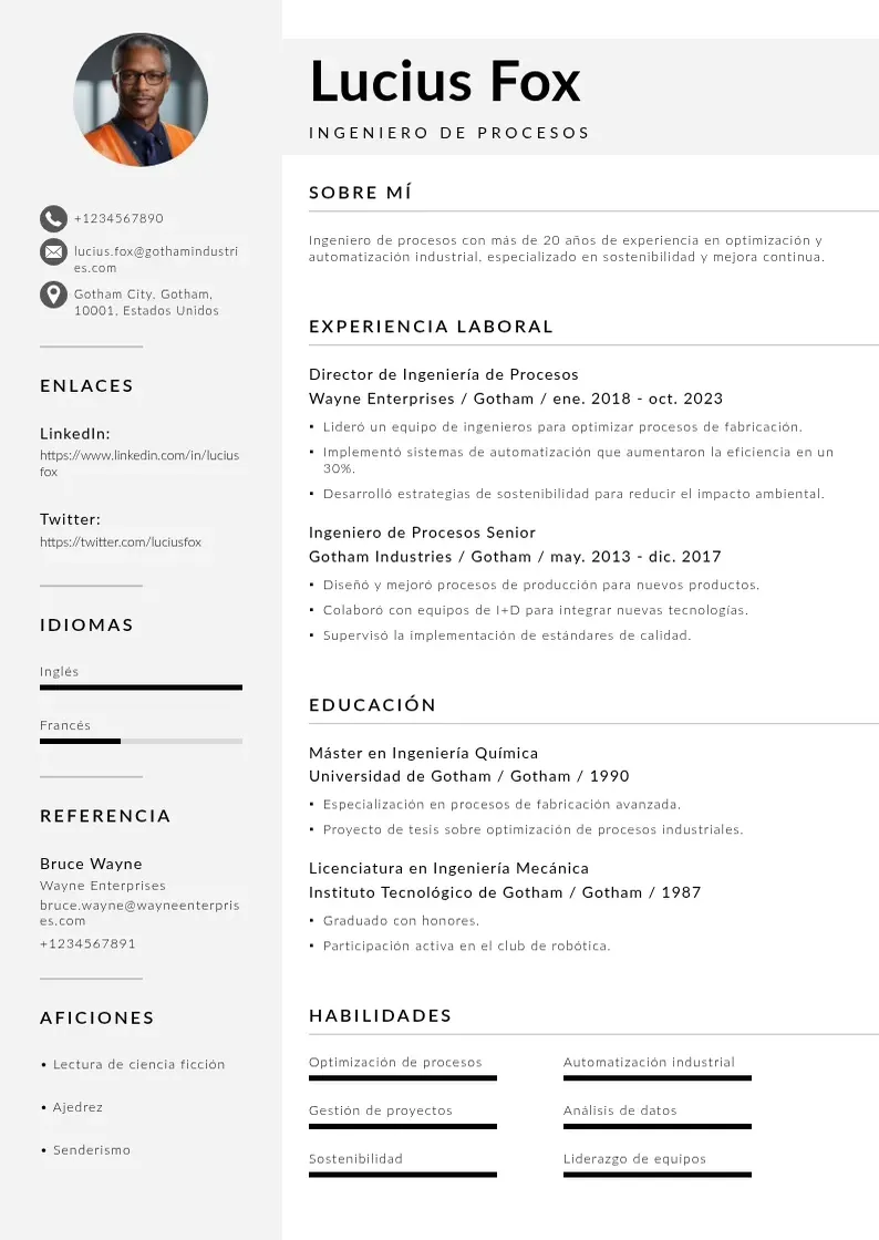 two column cv-ingeniero-de-procesos resume example
