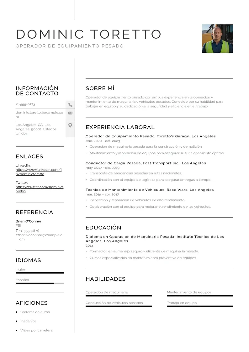 two column cv-operador-de-equipamiento-pesado resume example