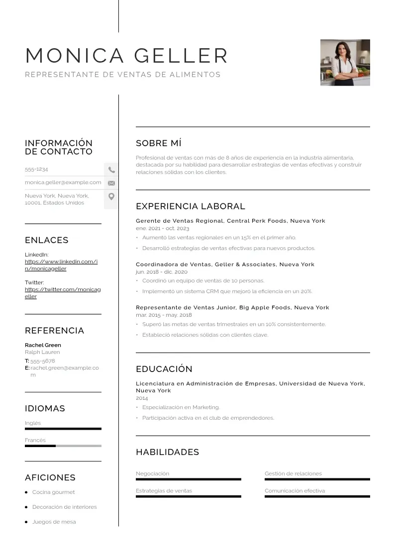 two column representante-de-ventas-de-alimentos resume example