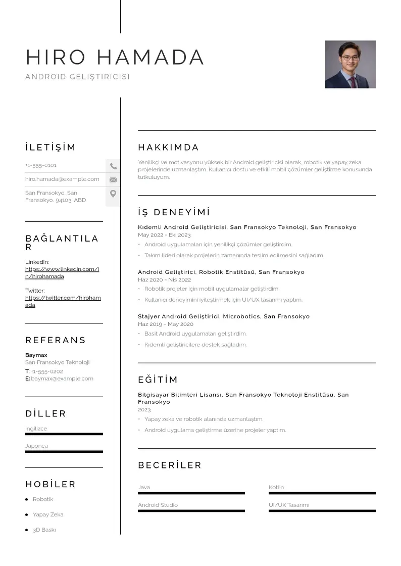 Vienkārša Android geliştiricisi  CV piemērs