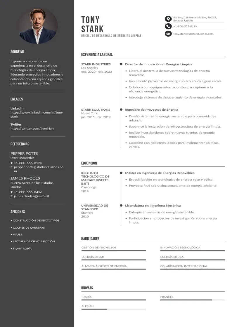 two column oficial-de-desarrollo-de-energias-limpias resume example