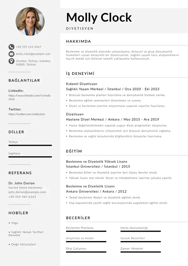 Mūsdienīga Diyetisyen CV veidne