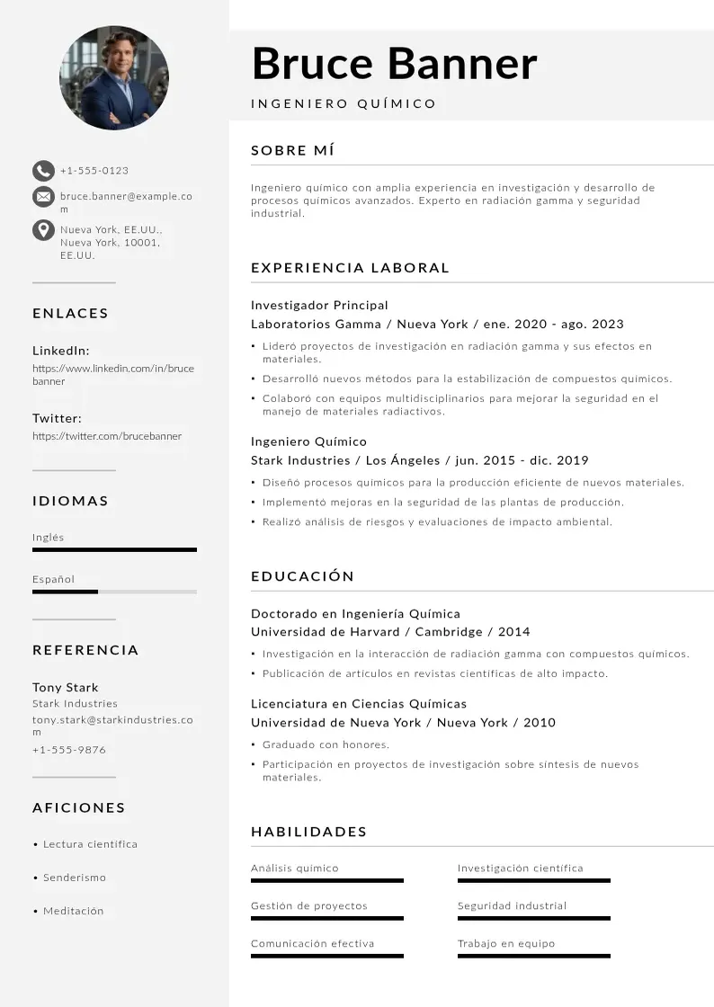 two column curriculum-de-ingeniero-quimico resume example