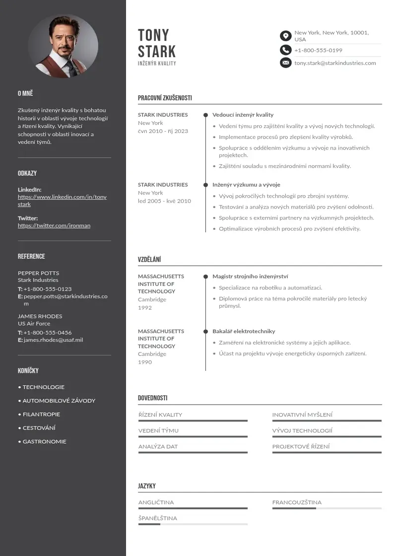Divu kolonnu Inzenyr kvality zivotopis CV piemērs