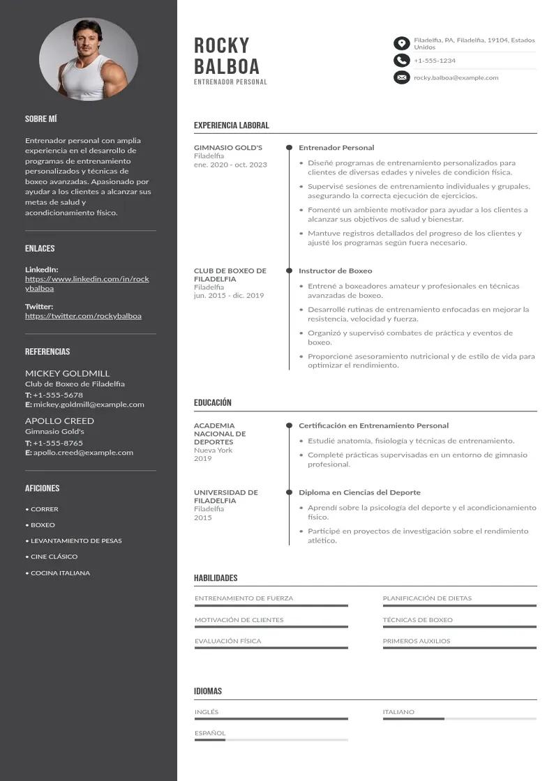 two column cv-entrenador-personal resume example