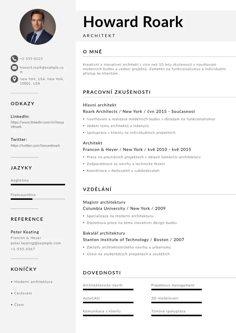 Mūsdienīga Zivotopisu architekta CV veidne
