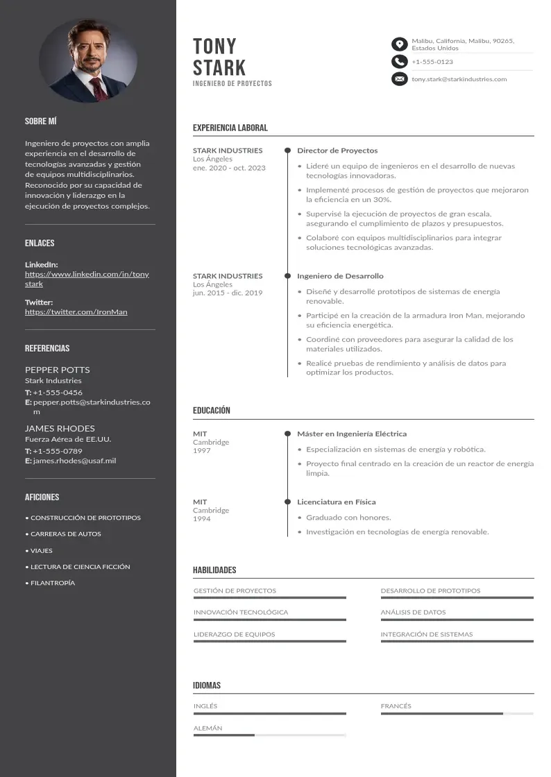 two column cv-ingeniero-de-proyectos resume example