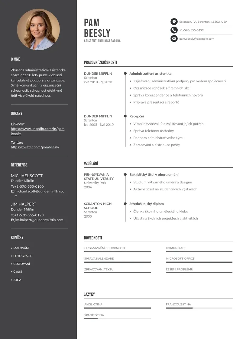 Divu kolonnu Asistent administratora zivotopis CV piemērs