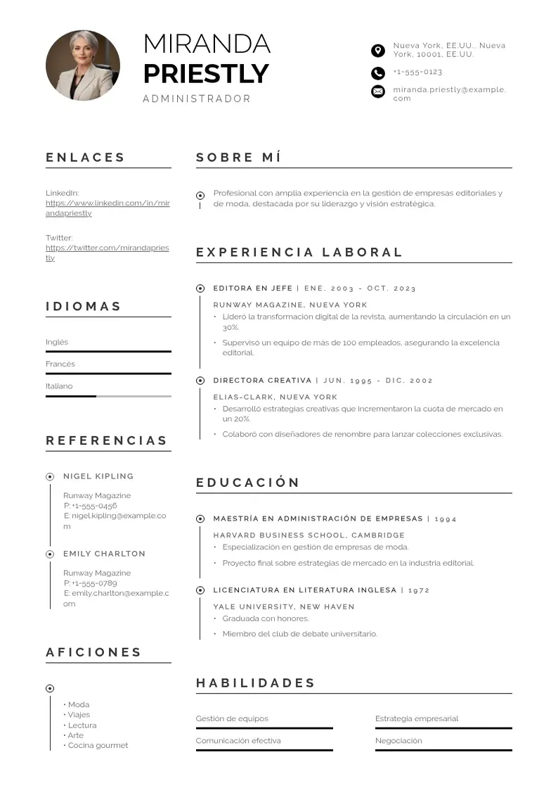 two column cv-administrador resume example